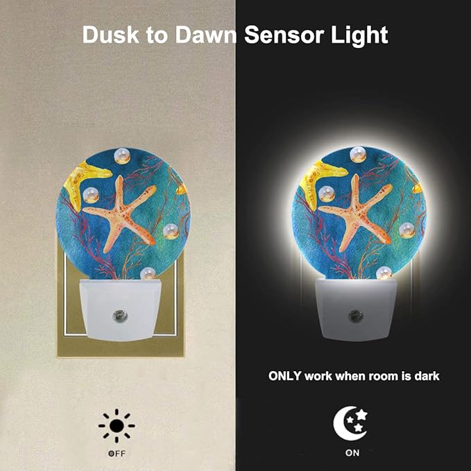 EKOBLA Starfish Night Lights Plug into Wall Ocean Sea Coral Fish Pearl Reed Seashell Plug-in Nightlights Home Auto Sensor LED Dusk to Dawn Light for Bedroom Bathroom Kitchen Corridor