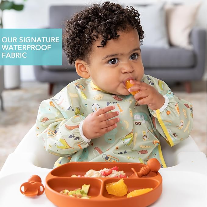 Bumkins Sleeved Bib for Girl or Boy, Baby and Toddler for 6-24 Mos, Essential Must Have for Eating, Feeding, Baby Led Weaning, Long Sleeve Mess Saving Food Catcher, Soft Fabric, Camp Gear Green