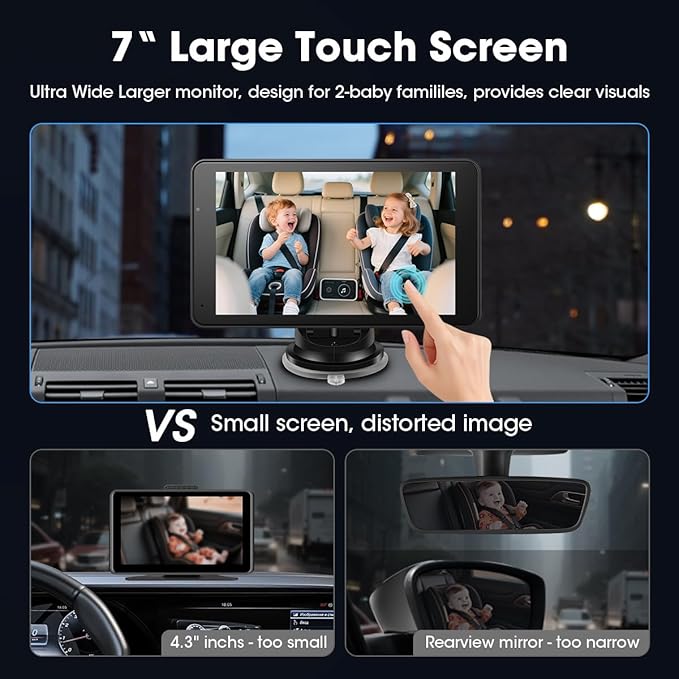 Baby Car Camera 7" AHD Car Baby Monitor with with Apple CarPlay & Android Auto 1080P Car Camera for Baby with Ultra Night Vision 150° Wide Angle, Invisible Infrared Lights【Limited-Time】