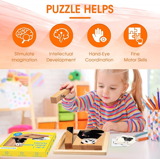 Niceuare Montessori Toys 4 in 1 Animal Wooden Toys for Kids,Wooden Animal Chunky Puzzles for Toddlers 2 Years Old+