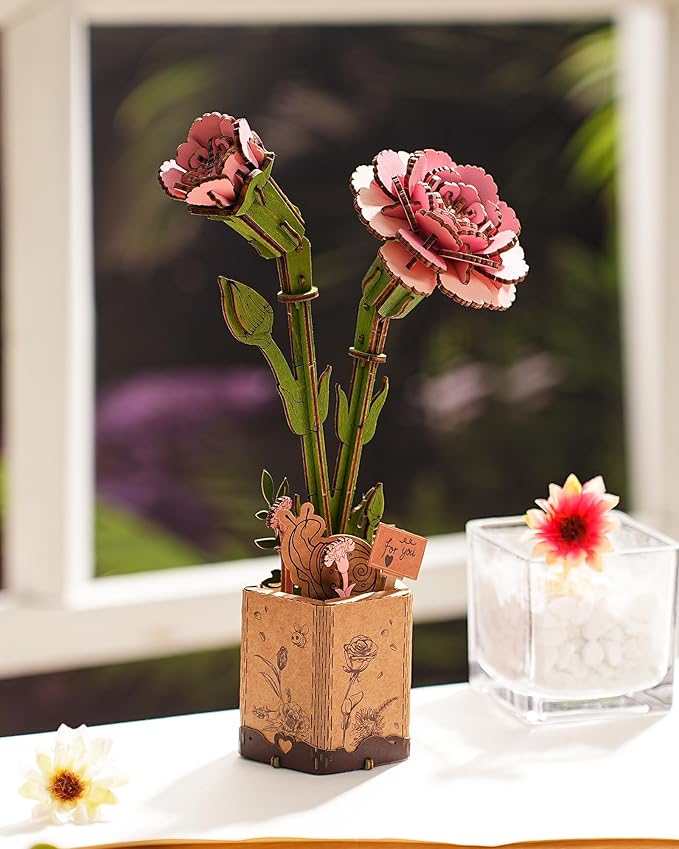 3D Flower Wooden Puzzles for Adults-Pink Carnation, DIY Wooden Flowers Model Kit Building Set Crafts for Adults to Build, Botanical Collection/Ideal Creative Gift Ideas/Housewarming (124PCS)