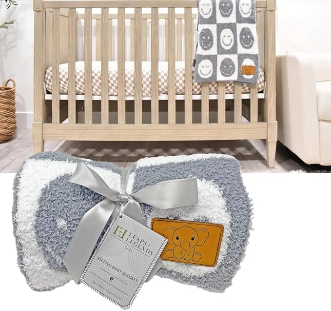 Checkered Smiley Face Baby Blanket 28"x40" - DreamSoft Knit Throw for Crib, Stroller or Car Seat - Receiving Blanket/Newborn Nursery Gift Essential for Toddler, Infant, Kids, Boys & Girls (Gray/White)