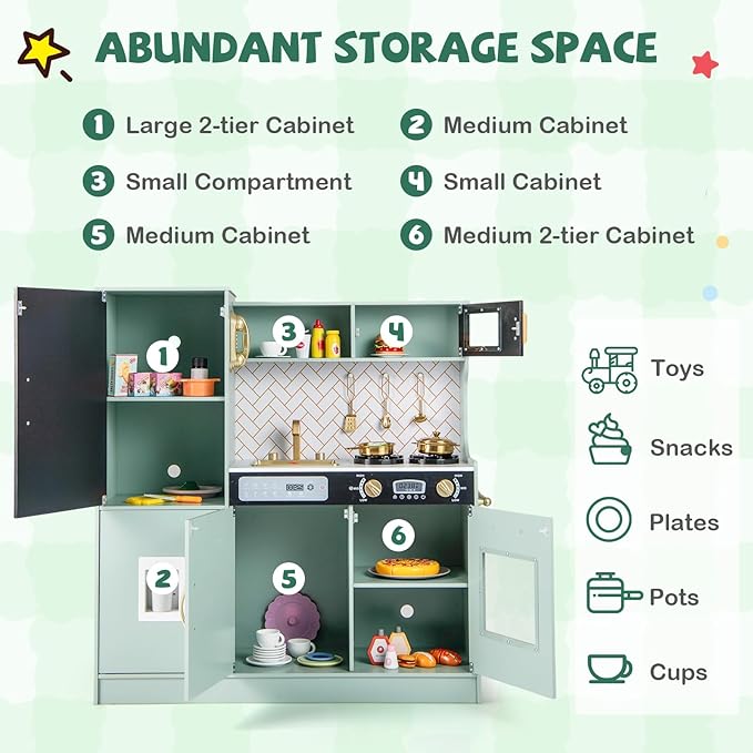 HONEY JOY Upgrade 39 in Kids Kitchen Playset, Large Wooden Little Chef Pretend Toy Kitchen Set w/Chalkboard, Telephone, Utensils, Oven, Microwave, Sink, Storage, Play Kitchen for Toddlers, Green