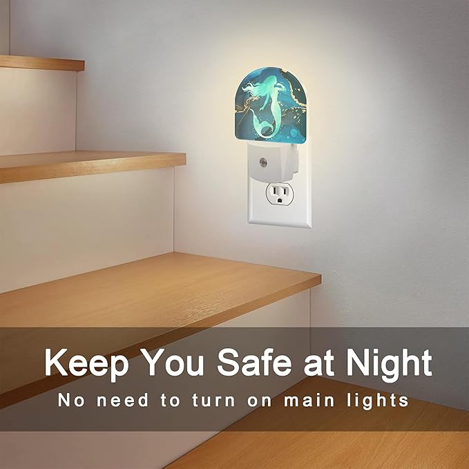 Watercolor Turquoise Mermaid Night Light for Kids,Navy Blue Golden Marble Night Light Plug in with Dusk to Dawn Sensor,0.5w Energy Saving Nightlight for Hallway Stairway Kitchen Bedroom