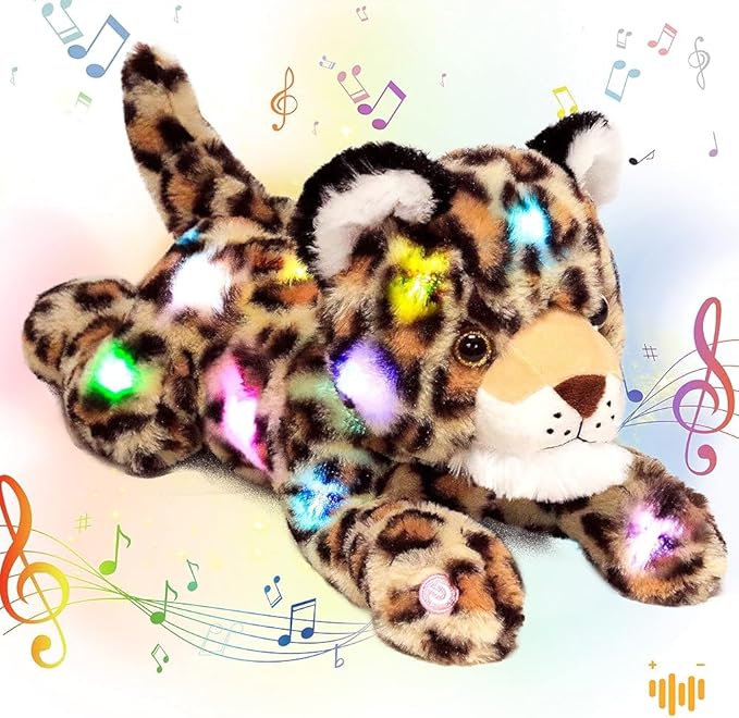 Hopearl LED Musical Stuffed Cheetah Light up Singing Plush Leopard Toy Adjustable Volume Lullaby Animated Soothe Birthday Festival for Kids Toddlers Boys, 14''