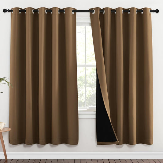 NICETOWN 100% Blackout Window Curtain Panels, Gold Brown, 2 Pieces, 70-inch Wide Per Panel, Full Light Blocking Drapes with Black Liner for Nursery, 72-inch Drop Thermal Insulated Draperies
