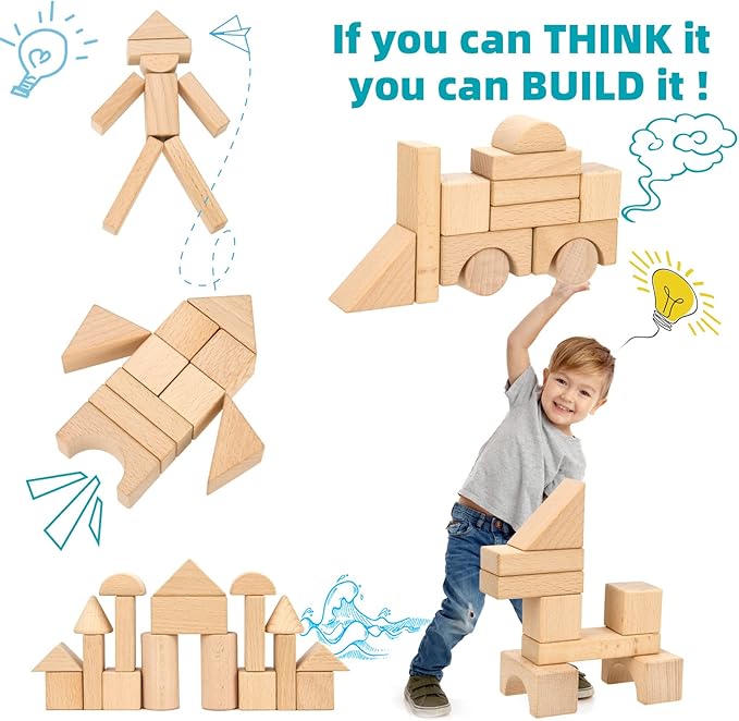 Wooden Building Blocks Set, 80 PCS Natural Wood Stacking Block Toy with Carrying Bag, Montessori Learning Birthday Gifts for 3 4 5 Year Olds Toddlers Kids Boys Girls Children