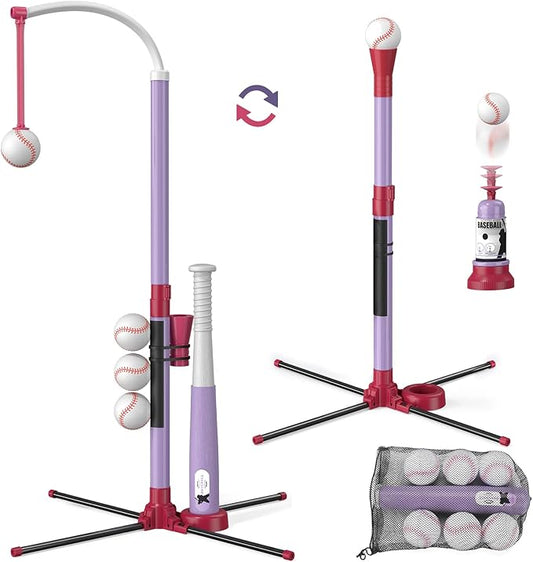 3-in-1 T Ball Set - Adjustable Height, Hanging Tee Ball Set with Automatic Pitching Machine/6 Balls/Retractable Bat, TBall Stand Suit for Outdoor, Sport Toys Gifts for Kids Girls Age 3+