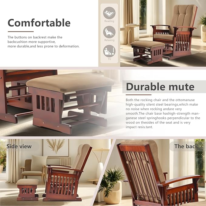 Solid Wood Rocking Glider Chair with Ottoman Cushion Set, Antique Rocking Chair with Arm Rest for Nursery Living Room Bedroom, Brown Yellow