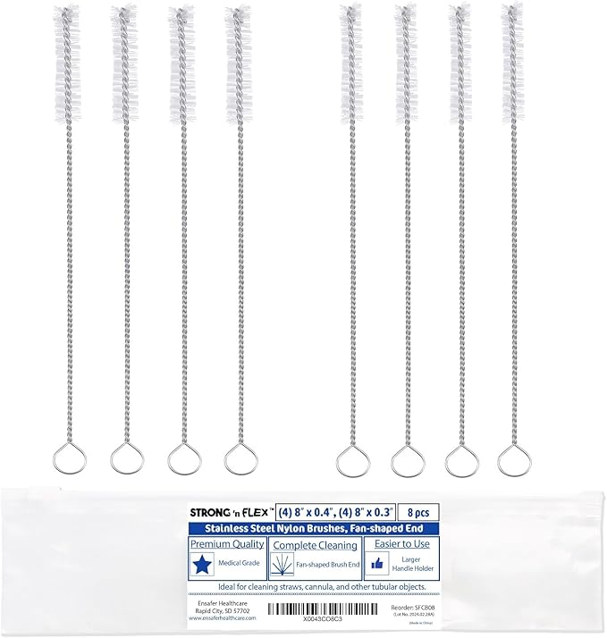 Strong 'n Flex Nylon Straw Cleaner Brushes – Fan-Shaped End for Tight Spaces, Ideal for Reusable Straws, Water Bottles, Sippy Cups & Pipes – Includes Zippered Pouch – 8" Long – Set of 8