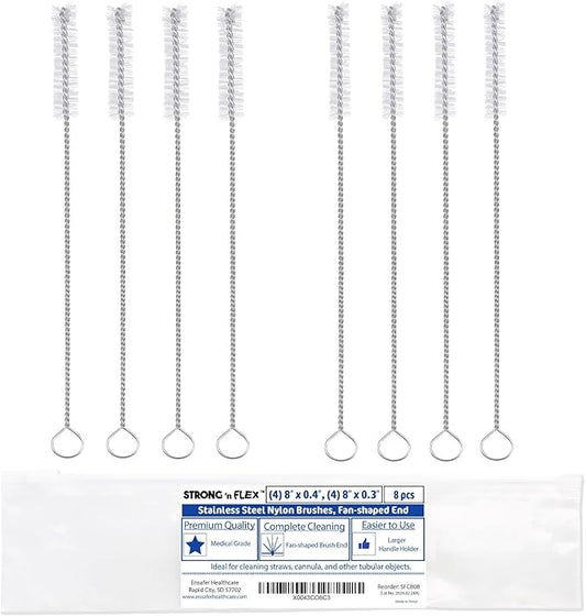 Strong 'n Flex Nylon Straw Cleaner Brushes – Fan-Shaped End for Tight Spaces, Ideal for Reusable Straws, Water Bottles, Sippy Cups & Pipes – Includes Zippered Pouch – 8" Long – Set of 8