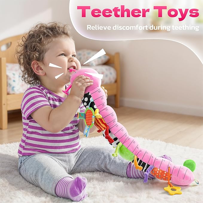 HEMRLY Baby Sensory Toy 0-6 Months, Musical Stuffed Caterpillar Plush with Teether, Crinkle, Rattle, Baby Mirror for Tummy Time, Infant Car Seat Toy for 0-3-6-12 Month Boys Girls Gifts - Knotted Pink