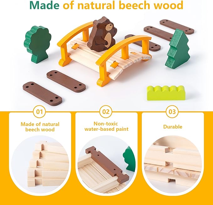 168 Pcs Wooden Blocks Toys with Grass and Small Animals,Classic Old Fashioned Toys,Wooden Building Blocks for Kids Ages 3-9 Boys and Girls