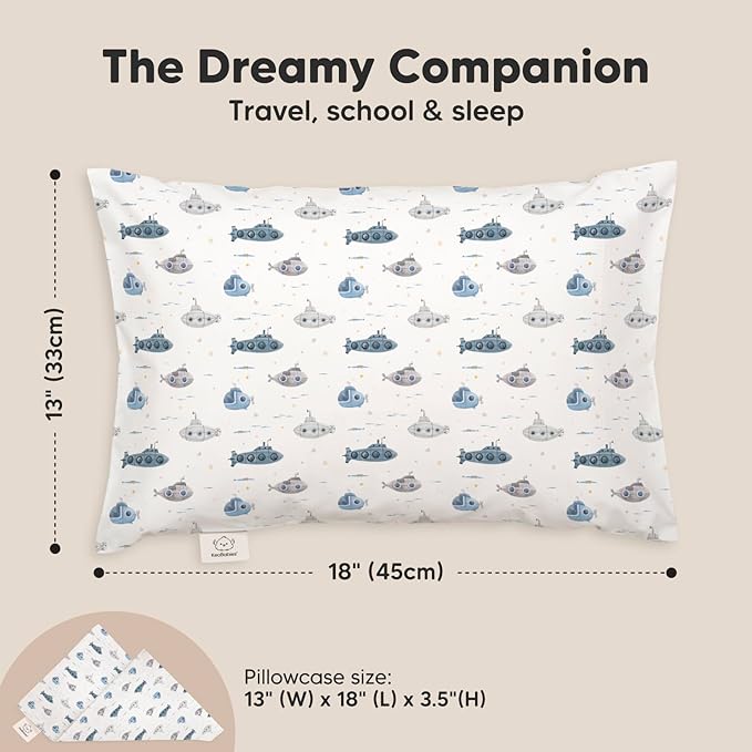 Toddler Pillow with Pillowcase - 13x18 My Little Dreamy Kids Travel Bed Pillows for Sleeping, Organic Cotton Small Pillowcase, Soft & Breathable, Machine Washable, Toddlers 2-5 Years Old (Submarines)