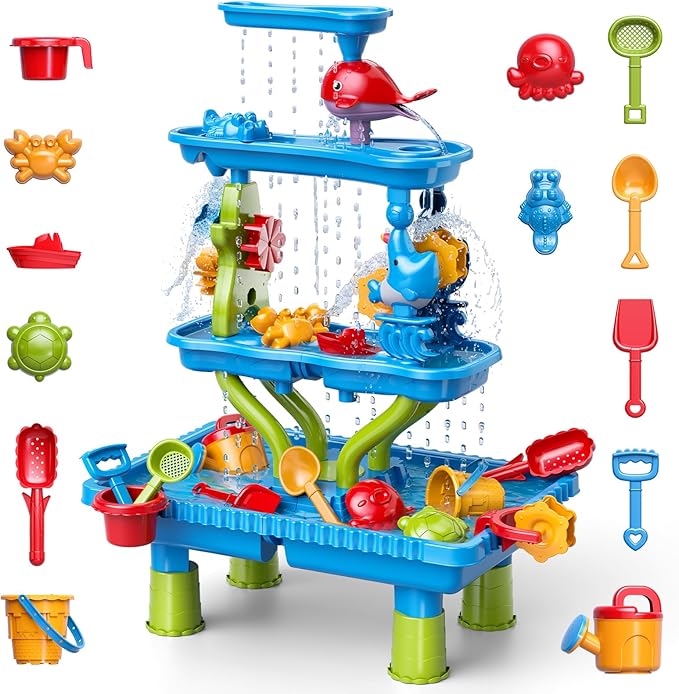 4-Tier Sand and Water Table for Kids, Outdoor Splash and Play Activity Set for Boys and Girls Ages 3 4 5 6 7 8 Years, Summer Beach & Poolside Sensory Toys for Fun Water Play