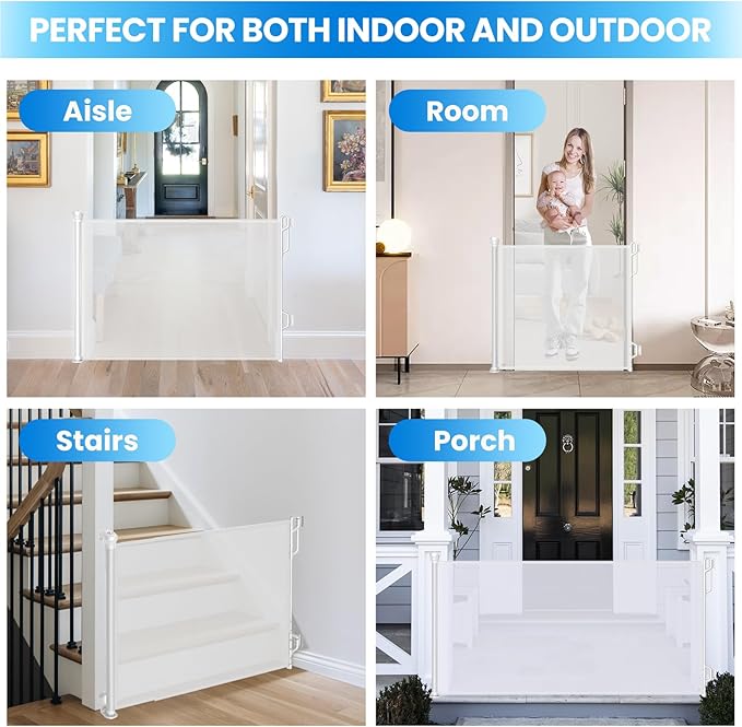 Retractable Safety Baby Gate or Mesh Dog Gate,Durable Portable Mesh Retractable Gate,Easy to Use for Stairs, Doorways, Hallways, Indoor, Outdoor, 33.5" Tall, Up to 45" Wide, White