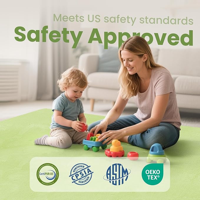 Baby Play Mat for Floor,1.3" Thick Elasti-Foam 50"×50" Playpen Mat for Tummy Time,Water Repellent Soft Coral Velvet for Toddler,Infant,Kids,Non-Slip Backing Safe for Crawling(Light Green)