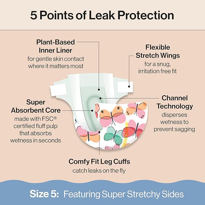 The Honest Company Clean Conscious Diapers for Sensitive Skin, Up to 100% Leakproof Hypoallergenic Fragrance-Free Baby Diapers, Girl Prints, Super Club Box, Size 5 (27+ lbs), 84 Count (Prints Vary)