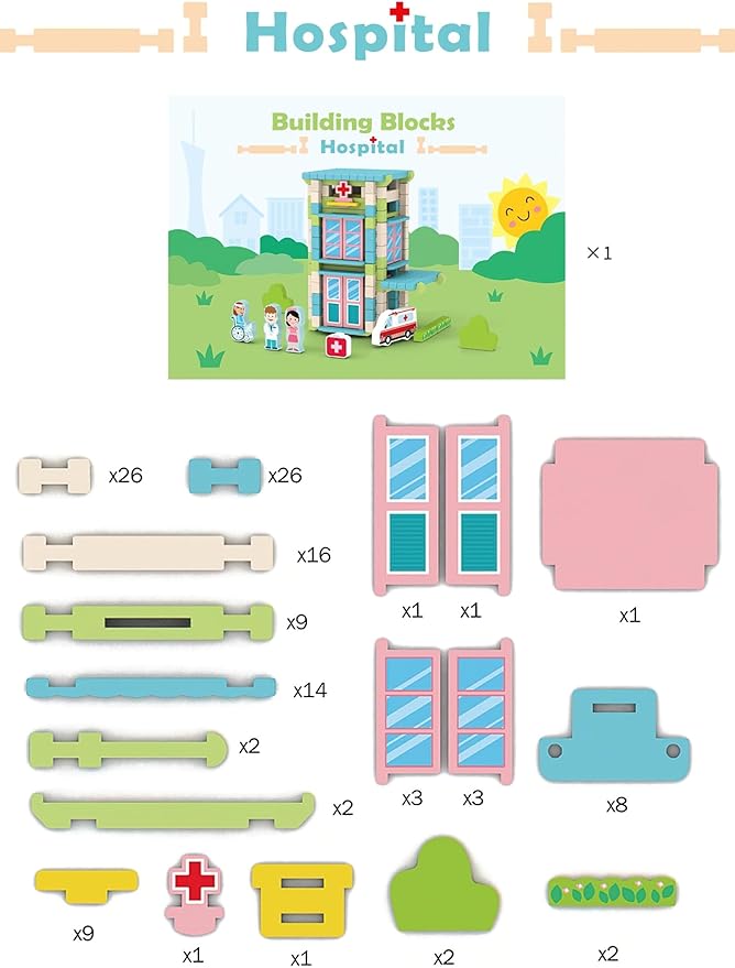 123PCS Wooden Building Blocks Set for Toddlers, Construction City Stacking Toys, Preschool Learning Educational Toys for Kids 3+ Years Girls and Boys (Hospital)