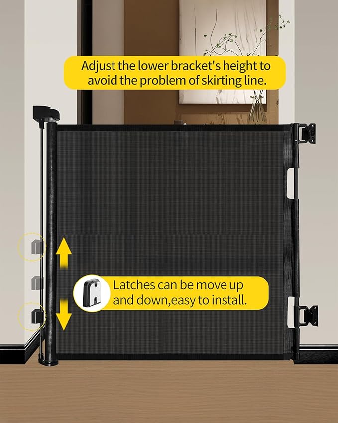 Retractable Baby Gate for Stairs – 33” Height, Expands up to 55” Width – Safety Gate for Infants, Toddlers, Dogs & Pets – Easy Install, Secure Closure, Black Mesh Design for Indoor & Outdoor Use