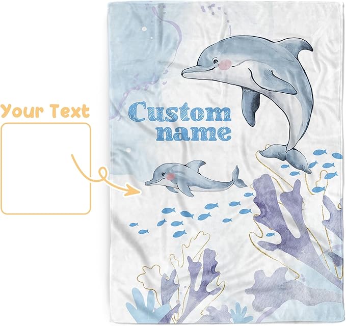 Custom Baby Blanket for Boys & Girls, Personalized Baby Blanket with Name, Soft & Cozy Dolphin Flannel Bed Blankets for Newborn Toddler, Customized Gifts for Shower Birthday Easter(60"x80")