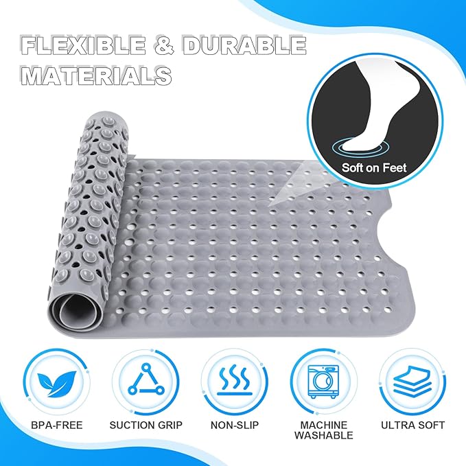 Linoows Bathtub and Shower Mats, 40x16 Inch Extra Large Non Slip Soft Bath Tub Mat with Suction Cups and Drain Holes for Bathroom Floor and Keep Tubs Clean, Machine Washable, Gray