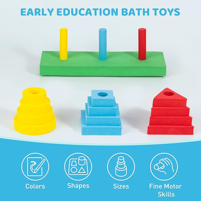 3-in-1 Bath Toys for Toddlers 1-3, Mold Free Foam Sorting & Stacking Sensory Toys - Suction Cup, Shape Color Size Learning Water Toy, Montessori Baby Bathtub Wall Toy for Kids Ages 1-3 2-4