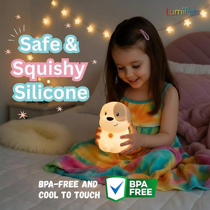 Lumipets Pepper The Puppy Dog Squishy Silicone Night Light for Kids | Cute Night Light with Remote & Touch Control for Baby & Toddler Bedrooms | Color Changing Animal Lamp | Soft Portable Nightlight