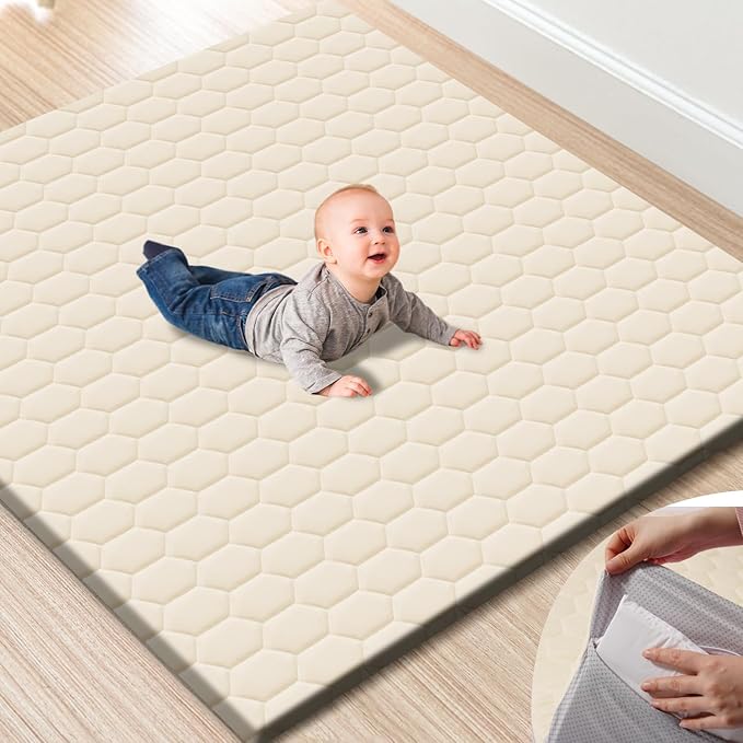 Premium Foam Baby Play Mat 50" x 50" with Removable Cover, Extra Thick Padding Playpen Mat, Non-Slip Floor Mat, Stylish & Easy to Clean for Crawling Baby, Infants & Toddlers, Beige