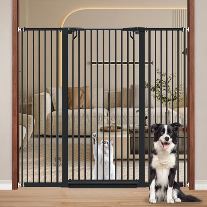 Fairy Baby 51.18" Extra Tall Pet Cat Gate, 48.5"-56.2" Extra Wide Baby Gate for Doorways Stairs Hallway Kitchen, Tall Cat Safety Gate Pressure Mounted, Walk Thru Auto Close Metal Dog Gate, Black