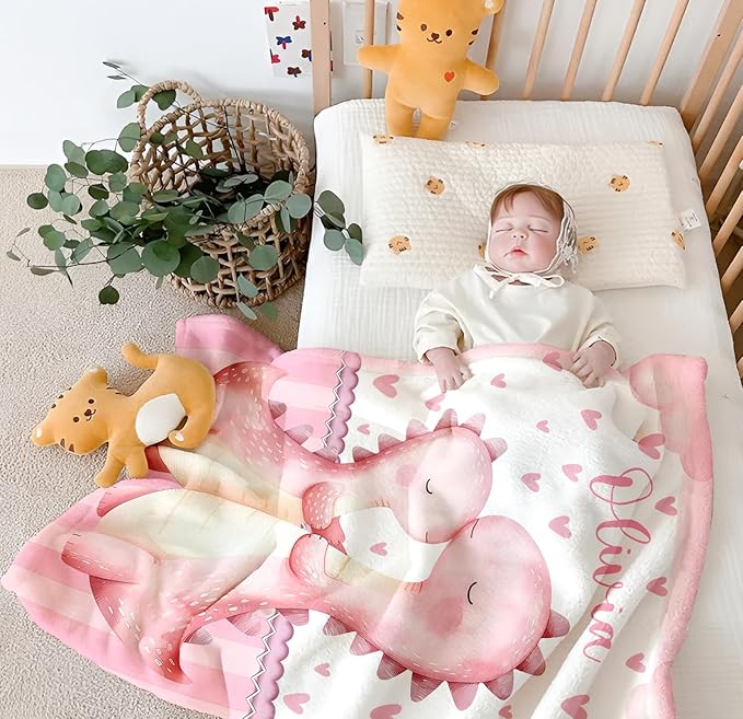 Personalized Baby Blanket for Girls, Custom Baby Blanket with Name, Soft Cozy Personalized Name Blankets for Kids, Customized Dinosaur Blanket for Infant Toddler Birthday Christmas