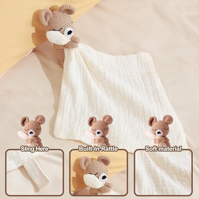 Baby Animal Plush Toy with Rattle, Baby Crochet Teddy Bear Security Blanket, Soothing Toy, Gift for Boys and Girls 12 in