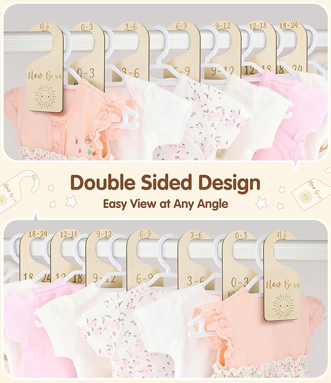 Baby Closet Dividers, Wooden Double Sided Nursery Clothes Size Separators for Newborn to 24 Months, Neutral, 7 Pcs