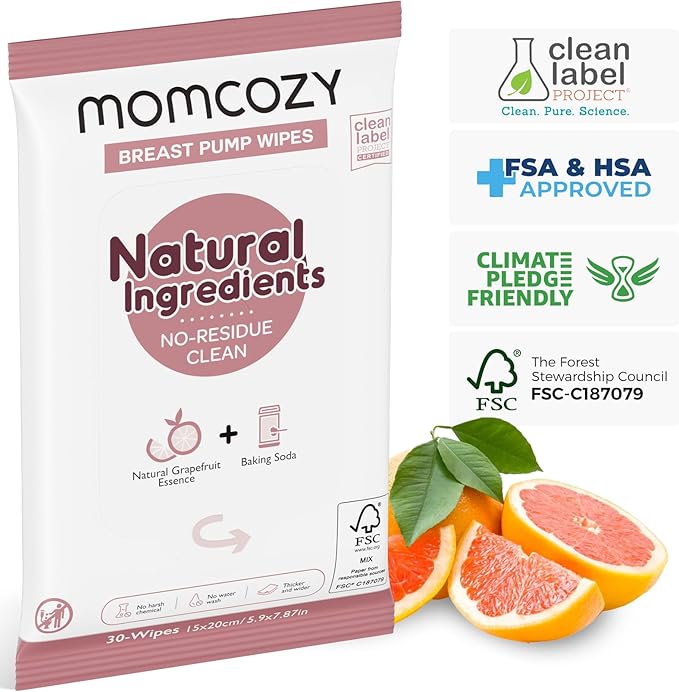 Momcozy Natural Breast Pump Wipes for Pump Parts Cleaning On-the-go, 30 Count (Pack of 3), Flash Clean & Resealable Pump Wipes