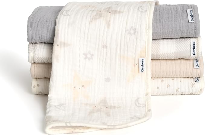 Gerber Baby Unisex Muslin Burp Cloths 5-Pack, Multi Stars, Large Size 20" x 10"