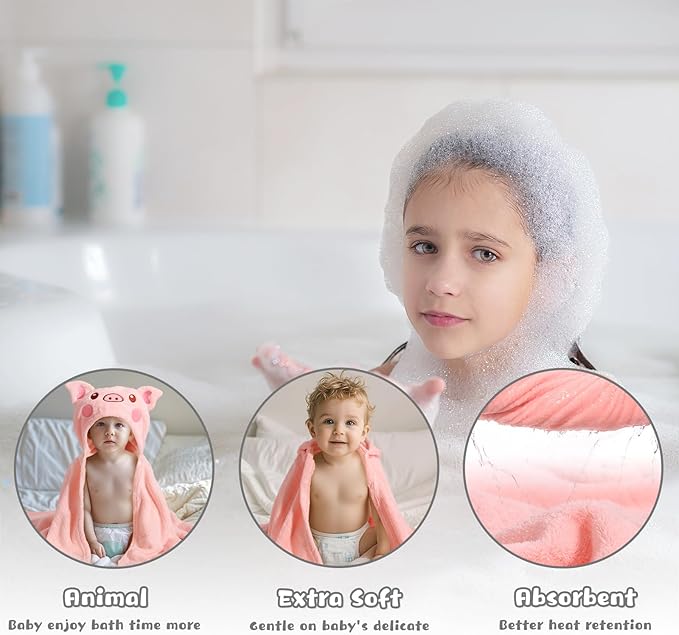 Extra Large Toddler Bath Towels, 50" x 32" Large Absorbent Thick Baby Animal Hooded Towel 2 Pack Set for 0-6 Years Bath Essential for Newborn, Infant and Kids, Grey & Pink