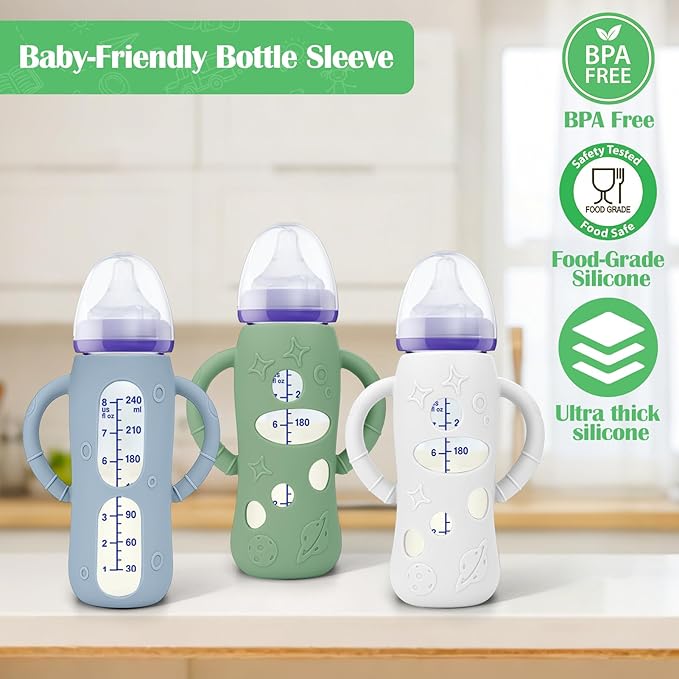 BUSOHA 3 Pack Silicone Sleeves for Lansinoh Glass Baby Bottles - Wide Neck Baby Bottles Sleeves for Lansinoh Bottles Baby Anti-Colic Bottles Holder with Handle Silicone Protector,8 oz