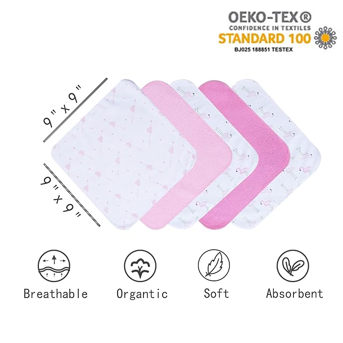 Viviland Baby Towels and Washcloths, Soft Absorbent Baby Girl Bath Towel Set, Flamingos Hooded Towels with 5 Infant Washcloths (6 Pieces)