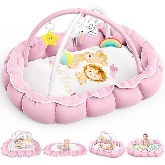 OCATO Baby Play Mat Gym: Baby Gril Gifts Tummy Time Mat Baby Play Gym Thick Large Baby Activity Center from Newborn to Toddler Skills Development Baby Essentials Baby Shower Gifts Ball Pit Cat Dog Bed