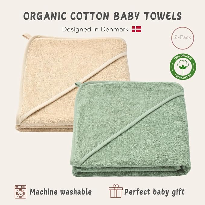Baby Hooded Towel – Organic Cotton Baby Bath Towels, 32" x 32" Super-Soft and Absorbent Baby Towels for Newborn 2-Pack (Fog/Roman Green)
