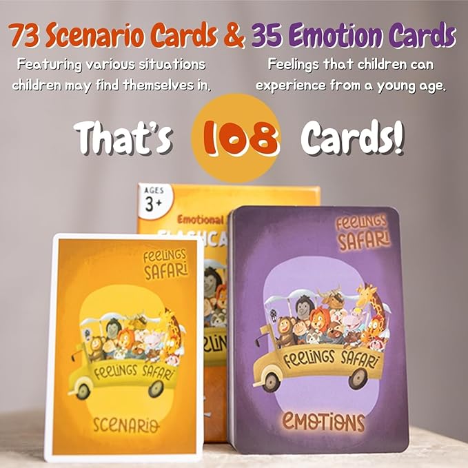 108 Feelings & Emotions Cards - Flashcard Game for Kids Emotional Intelligence - Facial Expressions & Scenarios - U.S. Company