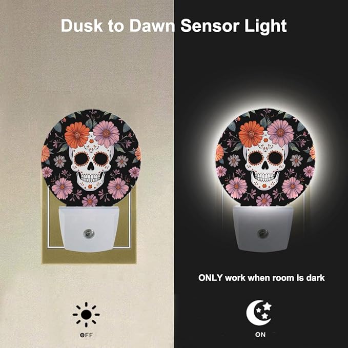 EKOBLA Floral Skull Night Lights Plug into Wall Skeleton with Flowers LED Dusk to Dawn Plug-in Nightlights Auto Sensor for Men Women Boys Girls Home Indoor Bathroom Hallway Kitchen