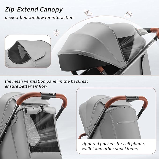Tinyiota Baby Stroller for Kids,Toddler Stroller with Large UPF 50+ Canopy,Luxury Strollers with Leather Handle & Spacious Seat, One-Hand Foldable Pushchair,Baby Carriage with Lie-Flat Mode(Gray)
