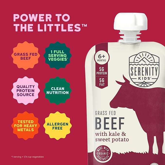 Serenity Kids 6+ Months Baby Food Pouches Puree Made With Ethically Sourced Meats & Organic Veggies | 3.5 Ounce BPA-Free Pouch | Grass Fed Beef, Kale, Sweet Potato | 1 Count