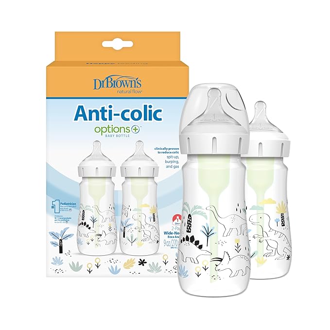Dr. Brown's Natural Flow® Anti-Colic Options+™ Wide-Neck Baby Bottle Designer Edition Bottles, Dino Decos, 9oz/270mL, Level 1 Nipple, 2-Pack, 0m+