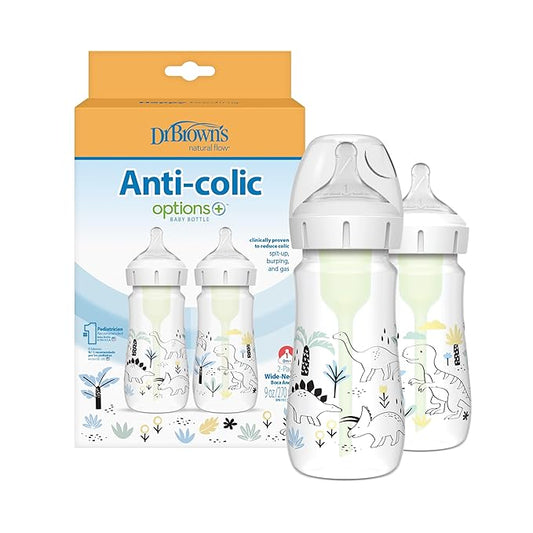 Dr. Brown's Natural Flow® Anti-Colic Options+™ Wide-Neck Baby Bottle Designer Edition Bottles, Dino Decos, 9oz/270mL, Level 1 Nipple, 2-Pack, 0m+
