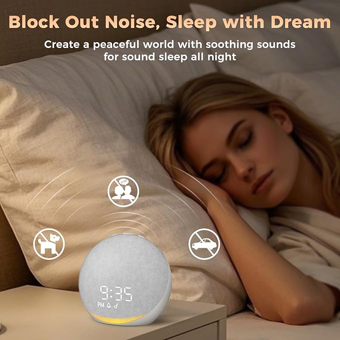 Sound Machine Alarm Clock for Bedroom: 25 Natural Sleep Sounds - White Noise Machine for Adults Kids Baby - Gentle Wake Up Alarm with Bluetooth Speaker - Frost White