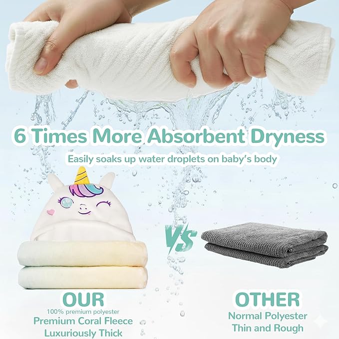HECCEI HoodieHug Baby Towels, Premium Coral Fleece Bath Towel with Large Size-Ultra Absorbent for Baby Comfort- Great Gift for Newborn, Toddler and Kid (Unicorn + Elephant)