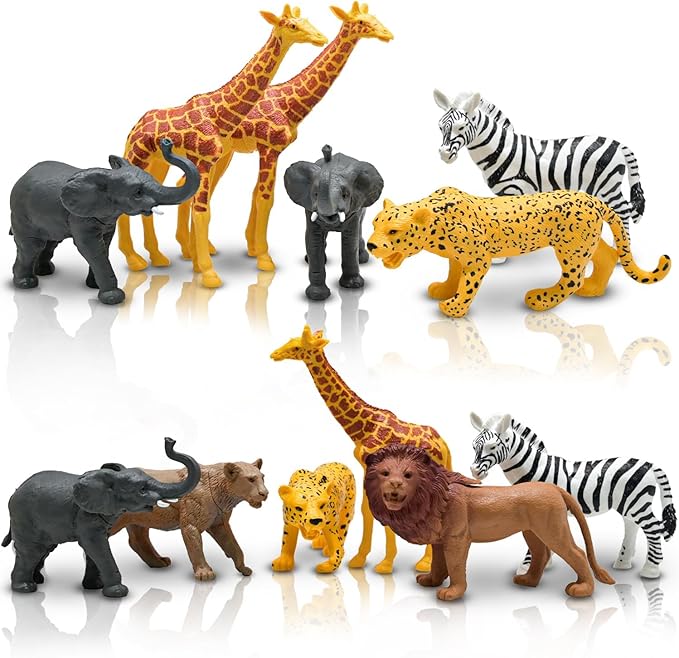 Safari Animals Figures, Plastic Zoo Animals Toys for Toddlers 1-3, Realistic Jungle Animal Figurines for Kids 3-5, 12 pcs Wild Animal with Elephant Giraffe Lion, African Toys Gift for Boys Girls