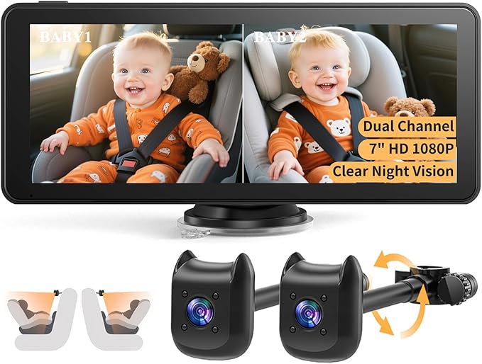 Dual Car Camera Baby Monitor with 6.9" Split Screen-1080P HD Carseat Camera for 2 kids with 360° Full Rotation-Night Vision, Auto-detail Enhancement, 2 Power Ways, Easy Install, for Twins & Siblings